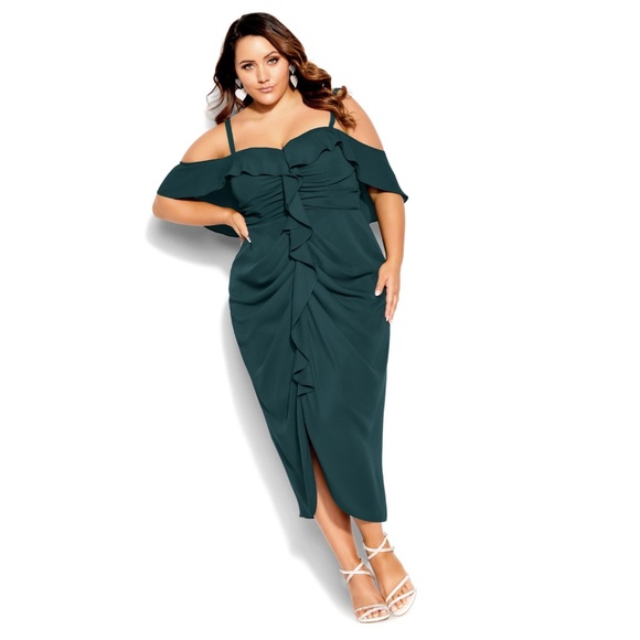 NWT CITY CHIC Emerald Green RUFFLE Off The Shoulder RUCHED Va Va Voom DRESS 14 - Picture 12 of 16